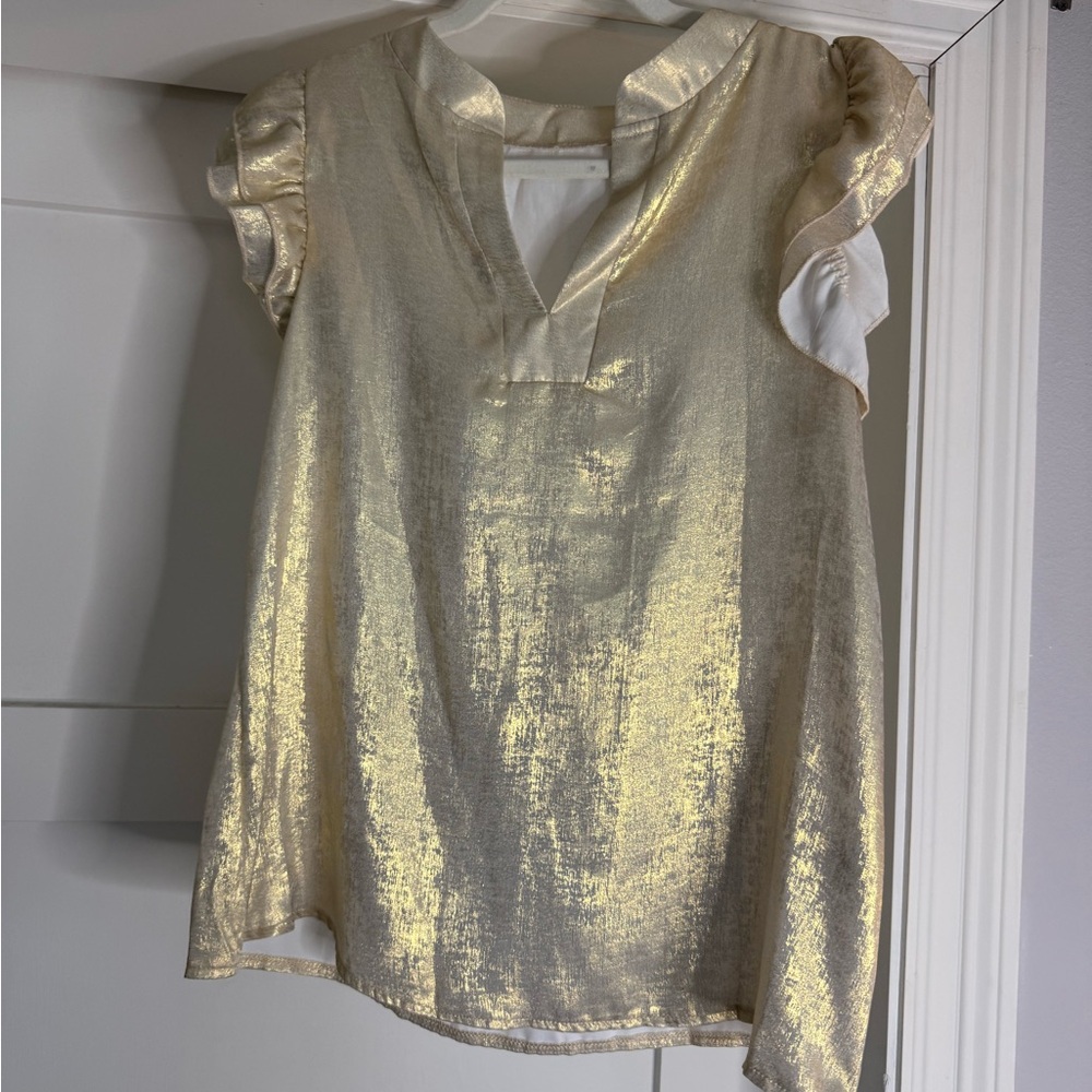 SHEIN Gold Metallic Ruffle Sleeve V-Neck Blouse